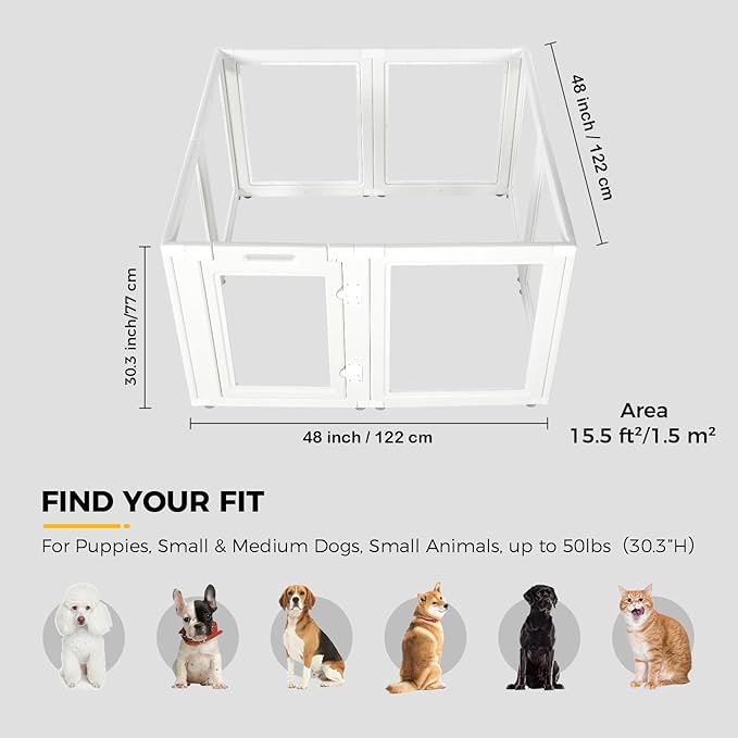EVERFRONT Clear Acrylic Plastic Dog Playpen - Clear Dog Play Pen - Easy Assemble Acrylic Dog Playpen - Puppy Playpen, Cat Playpen, Small Animal Playpen, Dog Play Pen Indoors (White, 30.3" H, 8PCS)