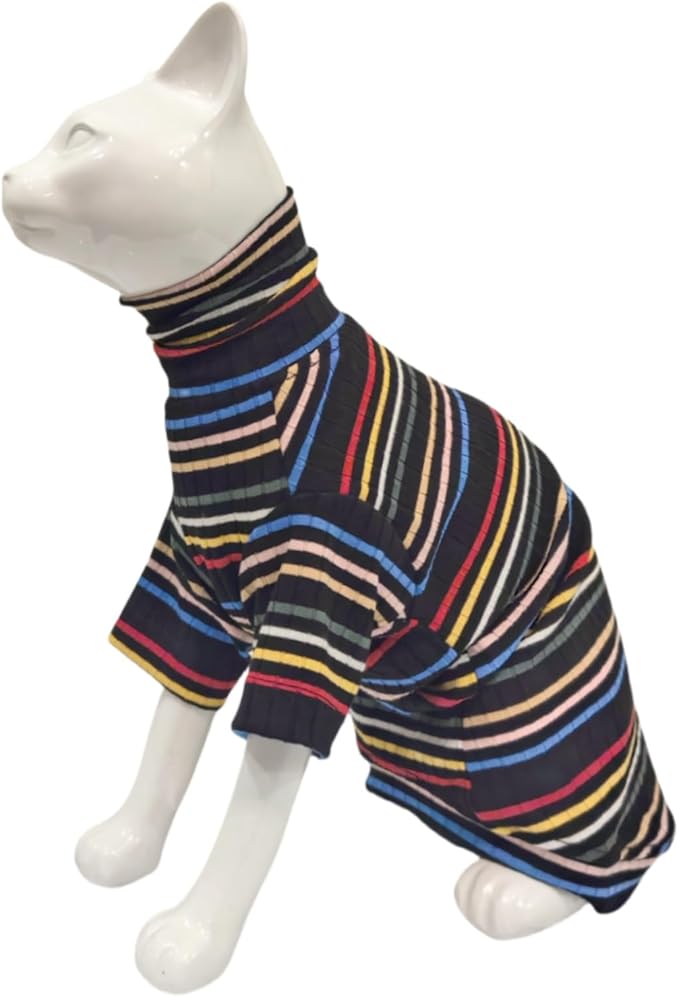 Turtle Neck Vintage Stripes Sphynx Hairless Cat Cotton T-Shirts Pet Clothes Vest Kitten Shirts Sleeveless, Cats & Small Dogs Apparel (Dark Rainbow, S (3.3-5 lbs))