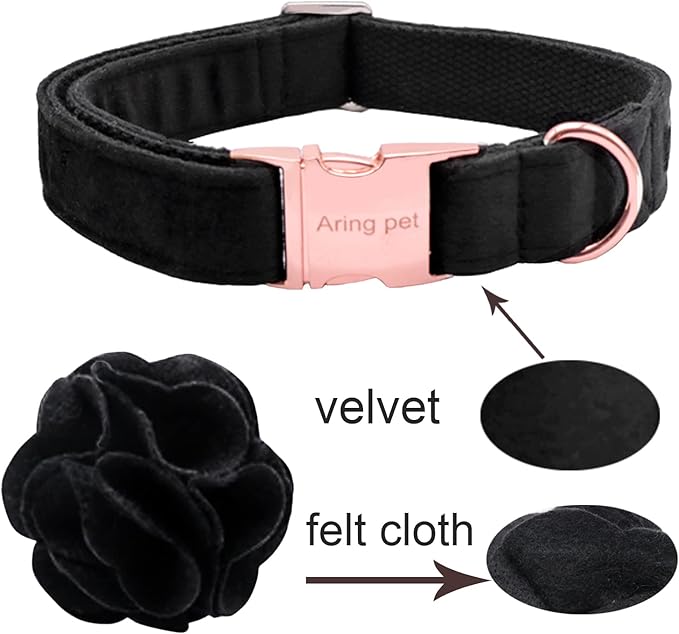 ARING PET Velvet Dog Collars, Black Soft Pet Collar with Detachable Felt Flower Metal Buckle for Puppy Small Medium Large Boy Girl Dogs-L