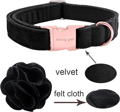 ARING PET Velvet Dog Collars, Black Soft Pet Collar with Detachable Felt Flower Metal Buckle for Puppy Small Medium Large Boy Girl Dogs-L