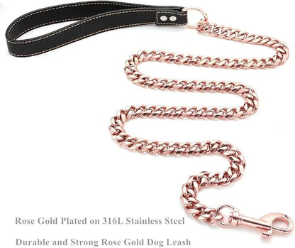 Rose Gold Dog Leash 15mm Cuban Link Chain Dog Leash Durable Stainless Steel Metal with Leather Handle for Small Medium Large Dogs 3FT/4FT/5FT(15mm,3ft)…
