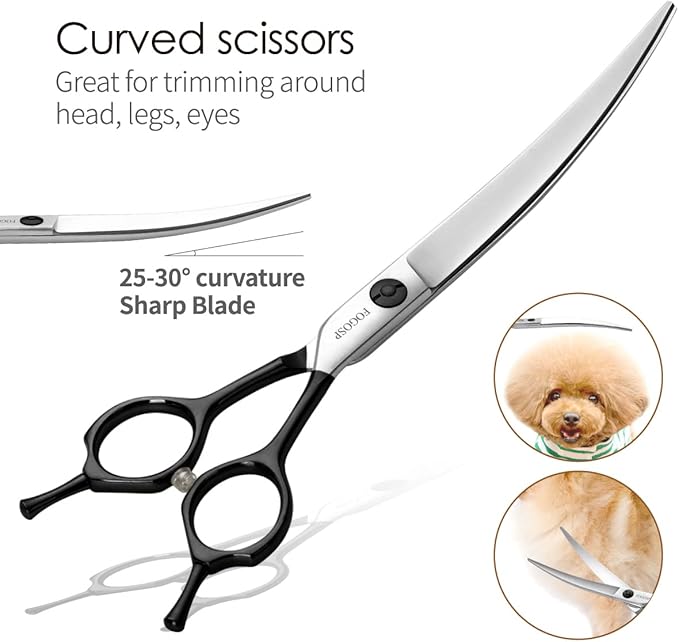 FOGOSP Professional 7.5" Dog Grooming Scissors Kit 4pcs, JP 440C Stainless Steel Curved Blender Straight Chunker Shears for Dog Cat and Pets (7.5 in Kit, Black)