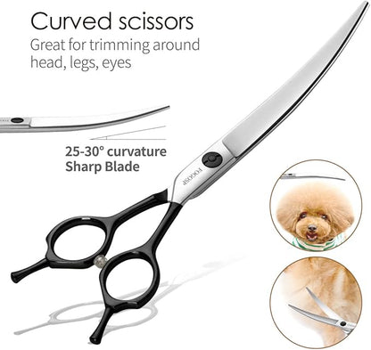 FOGOSP Professional 7.5" Dog Grooming Scissors Kit 4pcs, JP 440C Stainless Steel Curved Blender Straight Chunker Shears for Dog Cat and Pets (7.5 in Kit, Black)