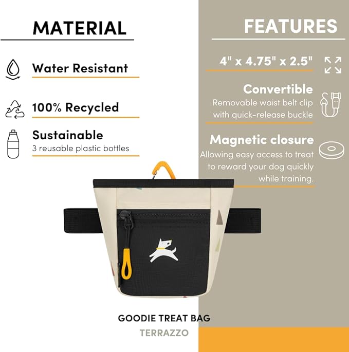 OllyDog Goodie Treat Bag, Dog Treat Pouch, Waist Belt Clip for Hands-Free Training, Magnetic Closure, Dog Training and Behavior Aids, Three Ways to Wear (Terrazzo)