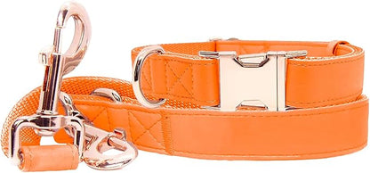 Soft Leather Dog Collar and Leash (6.6') Set - Stylish Rose Gold Heavy Duty Metal Buckle, 4 Adjustable Lengths Leash for Small Medium Large Dogs - Comfortable & Easy to Clean Orange M(13.8"-19.7")