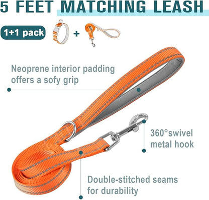 Dog Collar for Medium Small Large Dogs Reflective with Leash,Collar and Leash for Dogs,Soft Neoprene Padded 2 Pack(Orange,XS)