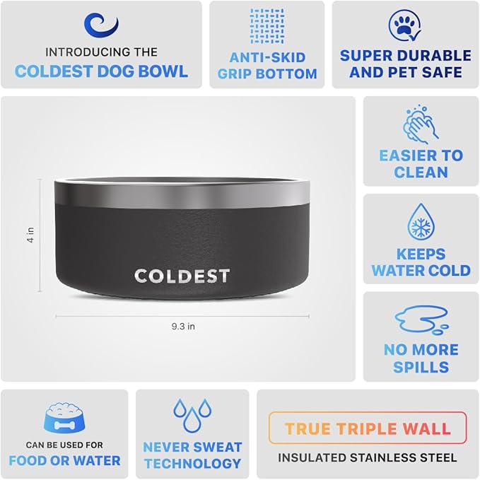Coldest Dog Bowl - Anti Rust Metal, Non Slip, 3 Layers Insulated Stainless Steel Dog Bowls - Spill Proof & Heavy Duty - Water Bowl for Dogs, Cats & Pets, Dish Washer Safe (100 oz, Stealth Black)
