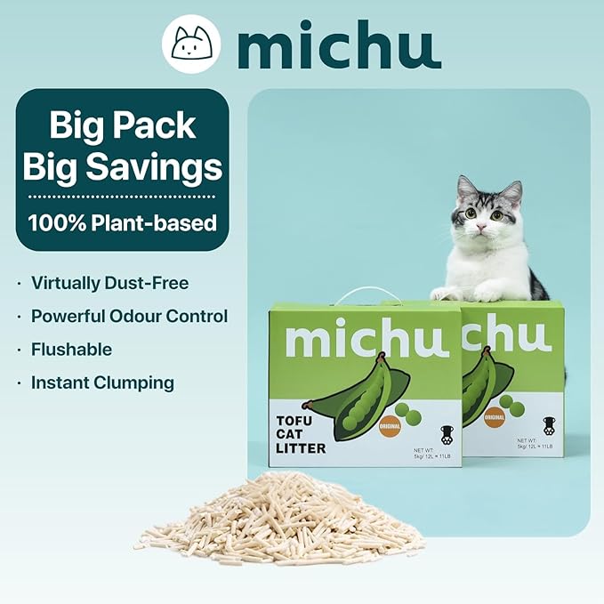 Michu Tofu Cat Litter Gen3 – 100% Natural & Biodegradable Clumping Formula, Fast-Clumping, Odor-Control, Flushable, Low-Tracking, Dust-Free – Value Box, 1 Box=11 lb, Peach