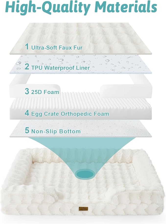 COZY KISS Orthopedic Dog Bed for Large Size Dog, Soft and Warm Faux Fur Extra Large Sofa for Pet Up to 100 lbs, Foam Bolster Anti-Slip Couch with Washable Removable Cover, XL 44x32x7 inch, Beige