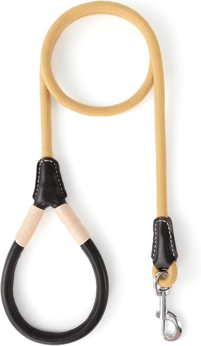 Mile High Life Genuine Leather Wrapped Handle Dog Leash, w Heavy Duty Clasp Rope Leash for Small Medium Large Dogs (Yellow, 5FT)