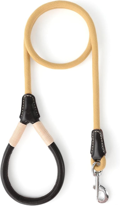 Mile High Life Genuine Leather Wrapped Handle Dog Leash, w Heavy Duty Clasp Rope Leash for Small Medium Large Dogs (Yellow, 5FT)