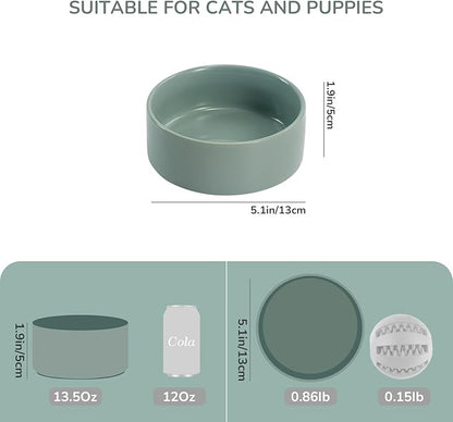 SPUNKYJUNKY 13.5OZ Ceramic Dog and Cat Bowl, Modern Cute Weighted Food Water Bowl for Replacement Morandi Green (2 Pack)