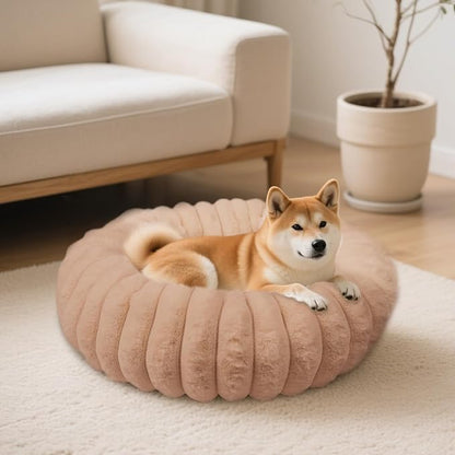 Vhen When Donut Dog and Cat Bed, Luxurious Comfortable Faux Rabbit Fur Pet Beds, Soft Anti-Anxiety Calming Puppy Kitten Bed with Anti-Slip Bottom for Small Medium Dogs & Cats(20", Brown)