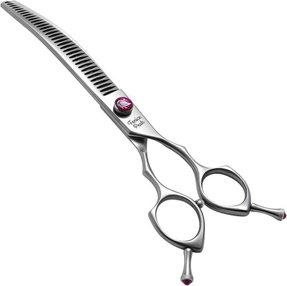Fenice Peak 7.5‘’ Curved Chunker Dog Grooming Scissors with Purple Flashing Screw Professional 440C Stainless Steel Natural Color Pet Trimming Shears with Offset Handle Durable and Sharp