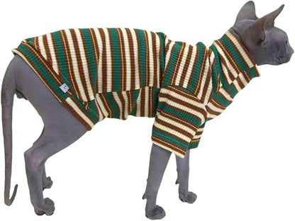 Turtle Neck Vintage Stripes Sphynx Hairless Cat Cotton T-Shirts Pet Clothes Vest Kitten Shirts Sleeveless, Cats & Small Dogs Apparel (Marsh, XL (9-12.5 lbs))