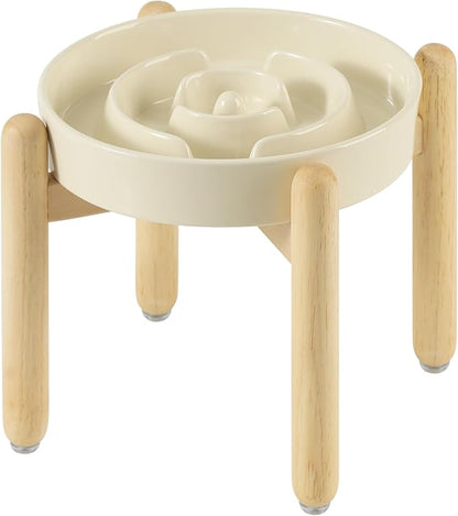 Ceramic 3.2 Cup Raised Slow Feeder Dog Bowl Set, Elevated Bowl with Wooden Stand for Large Dog, 9.5inch Puzzle Slow Pet Food Dish, Anti-Gulping(Beige, Single Bowl+ Stand)