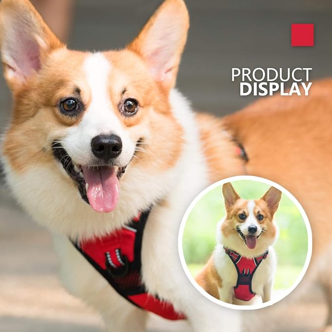PoyPet No Pull Dog Harness, [Release on Neck] Reflective Adjustable No Choke Pet Vest with Front & Back 2 Leash Attachments, Soft Control Training Handle for Small Medium Large Dogs(Red,L)