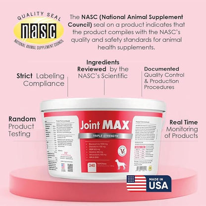 Joint MAX TS Joint Supplement Vet Formulated Pain & Inflammation Relief Treats Hip Dysplasia & Arthritis.Glucosamine, Chondroitin, Turmeric, MSM, HA, Creatine, Omega 3 EPA+DHA. All Dogs 240 Soft Chews
