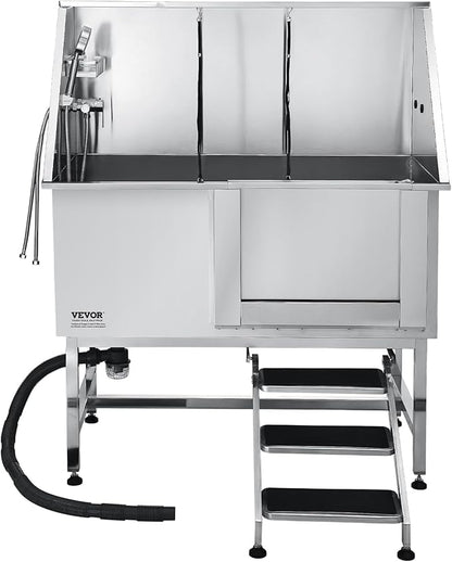 VEVOR Stainless Steel Dog Washing Station, 50 inch Pet Grooming Tub w/Stairs, PE Water Filter Board, Faucet & Showerhead & Soap Holder Dog Bathtub for Large & Medium & Small Pets (Right Door)
