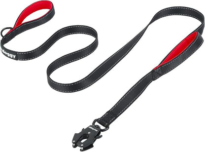 Strong Heavy Duty Dog Leash - 4ft Reflective Nylon Training Leash with Soft Padded Double Handle & Auto Lock Frog Clip - Safety Traffic Control for Large Medium Small Dogs No Pull Walk Black Red,4ft