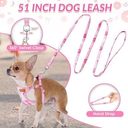 SlowTon No Pull Dog Harness with Leash - Soft Lightweight Floral Pattern Puppy Harness, Adjustable Pet Harness for Small Medium Dogs (Pink Strawberry, XS)
