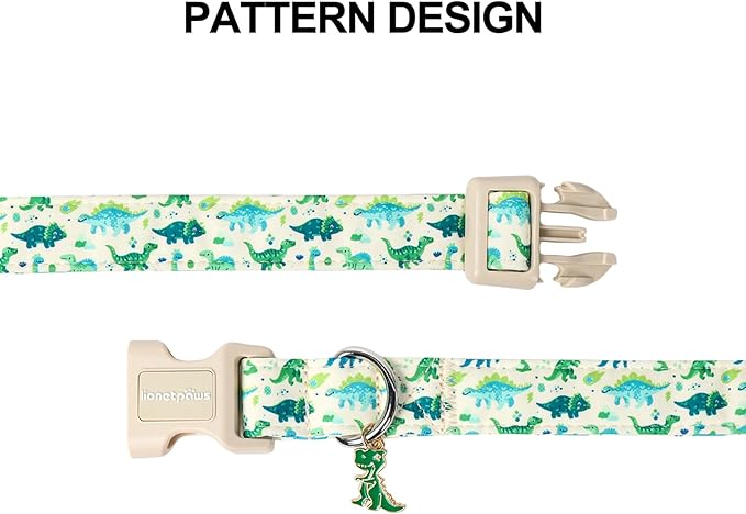 Lionet Paws Green and Blue Dinosaur Dog Collar- Cute Stegosaurus and Raptor Beige Dog Collars with Plastic Buckle,Light Adjustable Dog Collars for Medium Large Dogs