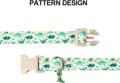 Lionet Paws Green and Blue Dinosaur Dog Collar- Cute Stegosaurus and Raptor Beige Dog Collars with Plastic Buckle,Light Adjustable Dog Collars for Medium Large Dogs