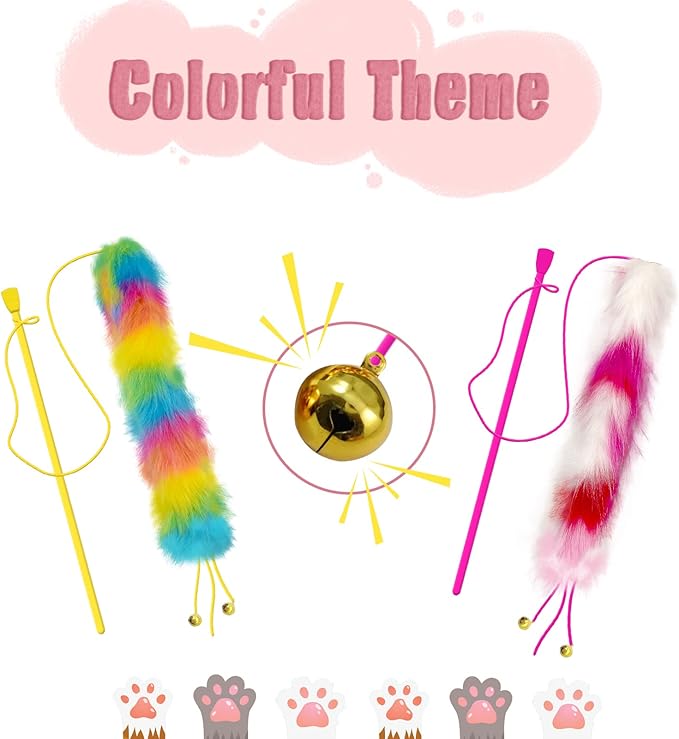 Lepawit 2 Pack Cat Wand Toy, Rainbow Cat Feather Toys with Bells, Teaser Wand with Soft Furry Tail, Interactive Toys for Indoor Cats & Kitten & Kitty
