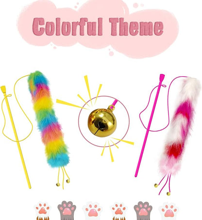 Lepawit 2 Pack Cat Wand Toy, Rainbow Cat Feather Toys with Bells, Teaser Wand with Soft Furry Tail, Interactive Toys for Indoor Cats & Kitten & Kitty