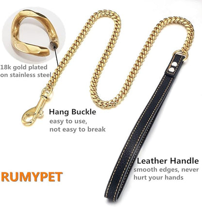3FT/4FT/5FT Heavy Duty Gold Dog Chain Leash 10MM Stainless Steel Miami Cuban Link Chain with Durable Genuine Leather Handle for Training Walking(10mm,4ft)…