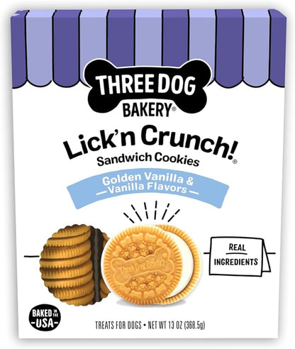 Three Dog Bakery Lick'n Crunch! Golden & Vanilla Sandwich Cookies, Dog Treat, Puppy Cookies with Real Ingredients, Dog Birthday Treat, Training Reward