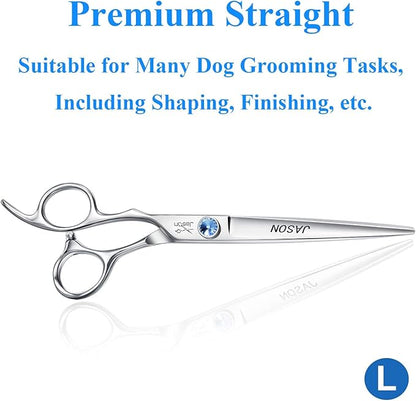 JASON Left Handed 7" Straight Dog Grooming Scissors, Premium Cats Grooming Shears Pets Trimming Kit with Offset Handle and a Jewelled Screw, Sharp, Comfortable Christmas Gift
