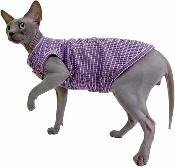 Sphynx Cat Clothes Vest for Hairless Cat, Rib Knit Stripe Cats T-Shirt Apparel, Kitten Summer Cotton Shirts Sleeveless for Cornish Rex, Devon Rex, Peterbald (Purple, S (3.5-5 lbs))