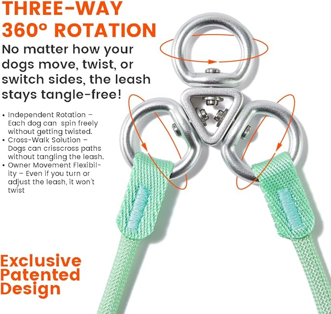 Howgo Double Slip Leash Slip Lead with Two Handles| Dual Dog Slip Lead for 2 Dogs,360° Swivel No Tangle | Dog Training Collar | Double Clip Leash Coupler and Splitter (Orange, 3FT)
