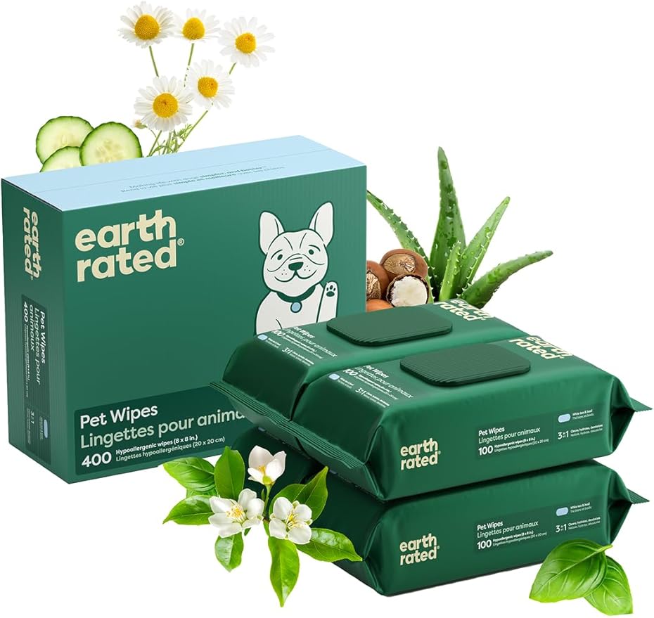 Earth Rated Pet Wipes for Dogs and Cats, Hypoallergenic, 3-in-1 Cleaning, Deodorizing and Hydrating, for Grooming Paws, Body and Butt, New White Tea and Basil Scent, 400 Count