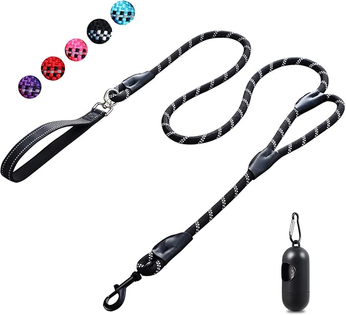 Dog Leash, 6 Foot Dog Leash, 2 Extra Padded Handles, Lockable Metal Carabiner Clip, Reflective No Pull Heavy Duty Rope Lead, Walking, Training, Running, Medium to Large Breeds（Black）