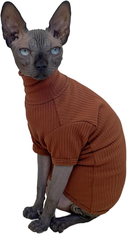 Sphynx Hairless Cats Shirt Cotton Cat Turtleneck Sweater Pullover Kitten T-Shirts with Sleeves Cat Pajamas Jumpsuit for Sphynx Cornish Rex, Devon Rex, Peterbald (Coffee, XX-Large (Pack of 1))