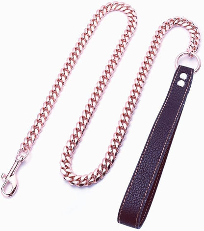 Rose Gold Dog Chain Leash 10MM 14MM Curb Cuban Link Chain Dog Leash Strong Chew Proof Stainless Steel Leash 3FT/4FT/5FT for Small Medium Large Dogs(14mm,5ft)…