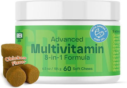 MedsMeHappy 8-in-1 Advanced Multivitamin for Dogs - Omega-3, Joint & Bone Support, Skin & Coat Health - Dog Vitamins & Probiotics for Digestion - Dog Supplies Chicken Flavored 60 Soft Chews