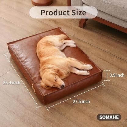 SOMAHE Dog Bed Medium Size Dog Orthopedic Beds for Small Dogs with Removable Washable PU Leather Cover Waterproof Brown 35.4×27.5×4inch