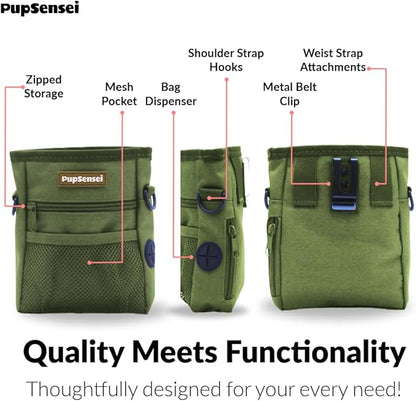 PupSensei Dog Treat Pouch for Training – Magnetic Dog Treat Bag with Belt Clip & Poop Bag Dispenser – Hands Free Carry Pouch with Auto-Close Access & Shoulder Strap – Durable Pet Gear – Army Green