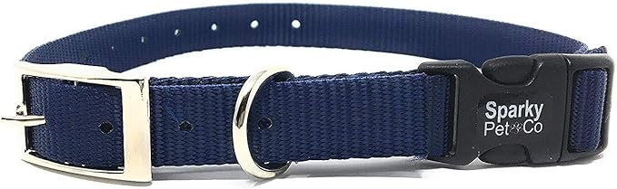 Sparky Pet Co - ECollar Replacement Strap - Easy Release Double Buckle Dog Collar - Rugged Nylon - Adjustable - D Ring - Quick Release Metal Clasp - for Dog Fence Systems - 3/4" x 24" - Dark Blue