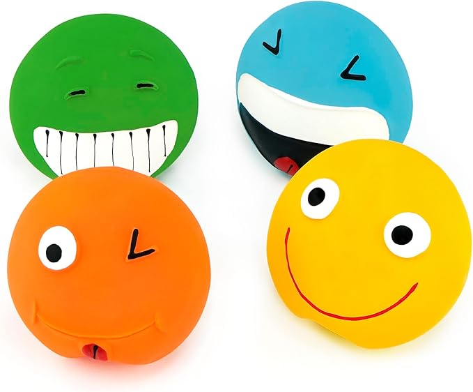 CHIWAVA 4 Pack 3.2'' Latex Squeaky Dog Toy Smiley Face Balls Interactive Fetch Play for Small Dogs