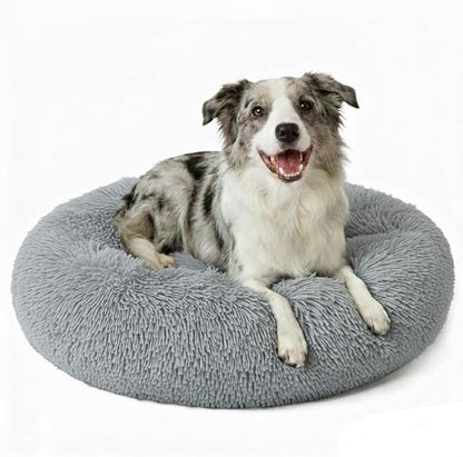 Large Donut Washable Dog Bed for Medium Dog,Round Soft Cat Cuddler for Calming, Anti-Anxiety Cozy Sofa, Fluffy Faux Fur Plush Cushion-31''-Grey