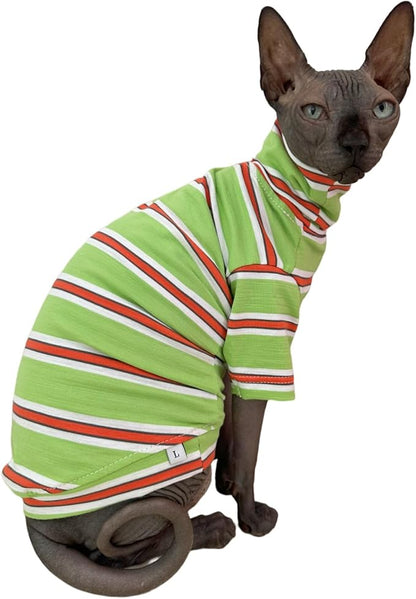 Vintage Stripes Sphynx Hairless Cats Shirt Cotton Cat Turtleneck Pet Clothes Kitten T-Shirts with Sleeves for Sphynx Cornish Rex, Devon Rex, Peterbald (Orange & Green, XX-Large (Pack of 1))