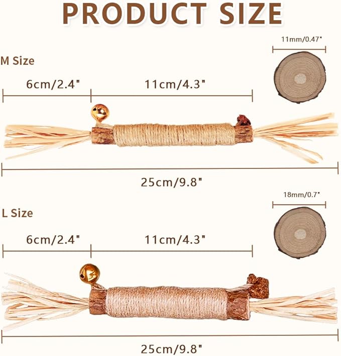 JoyArrive Natural Dried Matatabi Cat Chew Stick with Gall Fruit, Raffia Grass & Bell Cat Ball Toys, Handmade Silvervine Sticks Interactive Catnip Toys for Teething & Entertainment (Size M Color I)