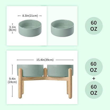 SPUNKYJUNKY Ceramics Elevated Dog Bowls with Wooden Stand Raised Bowl for Medium Large Dog Food and Water Pet Feeding Bowl(Double 60OZ Bowls,Light Green)