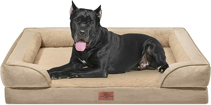 Comfort Expression Waterproof Orthopedic Foam Dog Beds for Extra Large Dogs Sofa Pet Bed Washable Removable Cover with Zipper and Bolster 53" L x 42" W x 8.5" Th, Light Brown