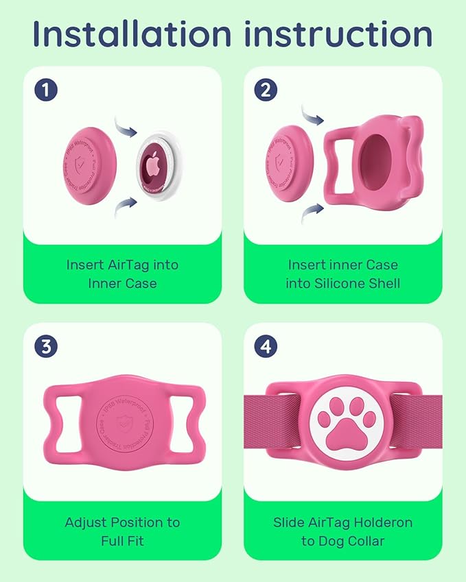 WhoseID IP68 Waterpoof Dog Airtag Holder, Stretchy Silicone Full Body Covered Apple Air Tag Holder for Dog Cat Collar Fit All Width Collar (Rose, 1 Pack)