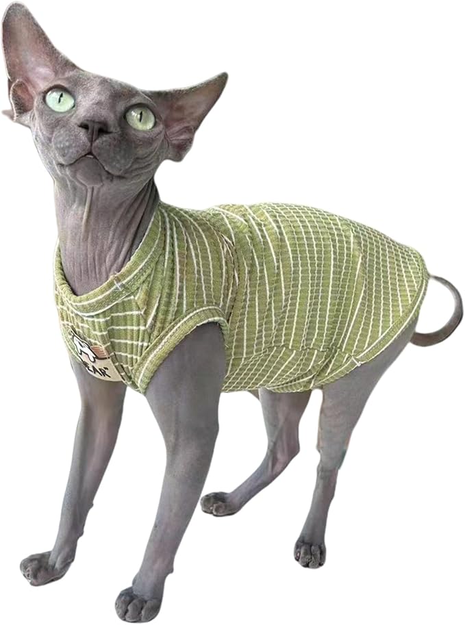 Sphynx Cat Clothes Vest for Hairless Cat, Rib Knit Stripe Cats T-Shirt Apparel, Kitten Summer Cotton Shirts Sleeveless for Cornish Rex, Devon Rex, Peterbald (Green, M (5.5-7.2 lbs))